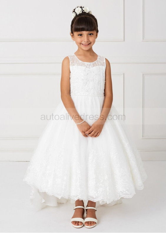 Illusion Neck Beaded Lace Tulle High Low Flower Girl Dress